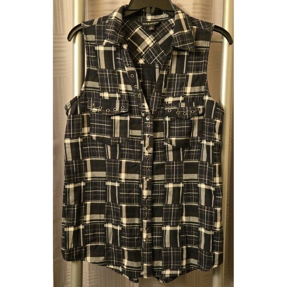 Rock & Republic Womens M Black White Plaid‎ Sleeveless Button Front Top
